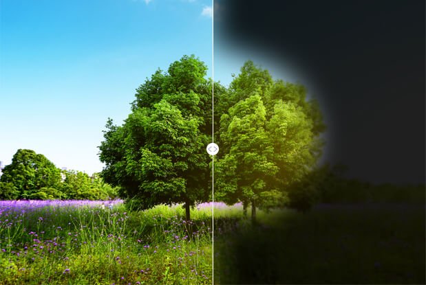 Simulation of peripheral vision loss caused by glaucoma compared to normal vision
